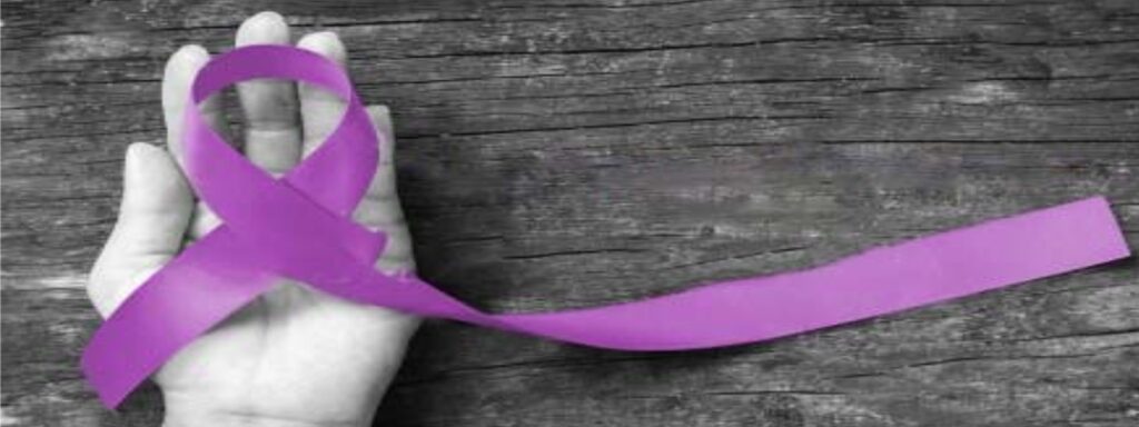 Living Active Dementia picture heading depicting an open hand with a purple ribbon